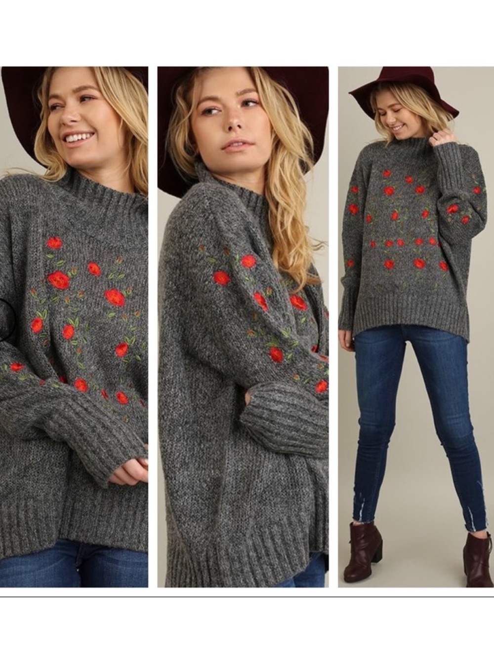 Floral Embroidery High Neck Sweater Small Oversized